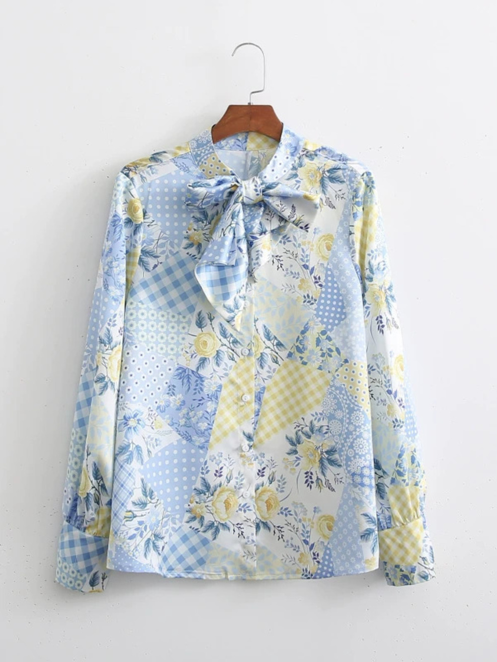 Spring Printed Long Sleeve Knot Front Blouse